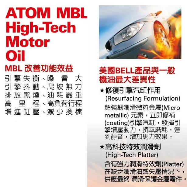 【美國貝爾BELL】ATOM MBL MOTOR OIL(特效護缸全合成機油 5W40 SN 4入一組)